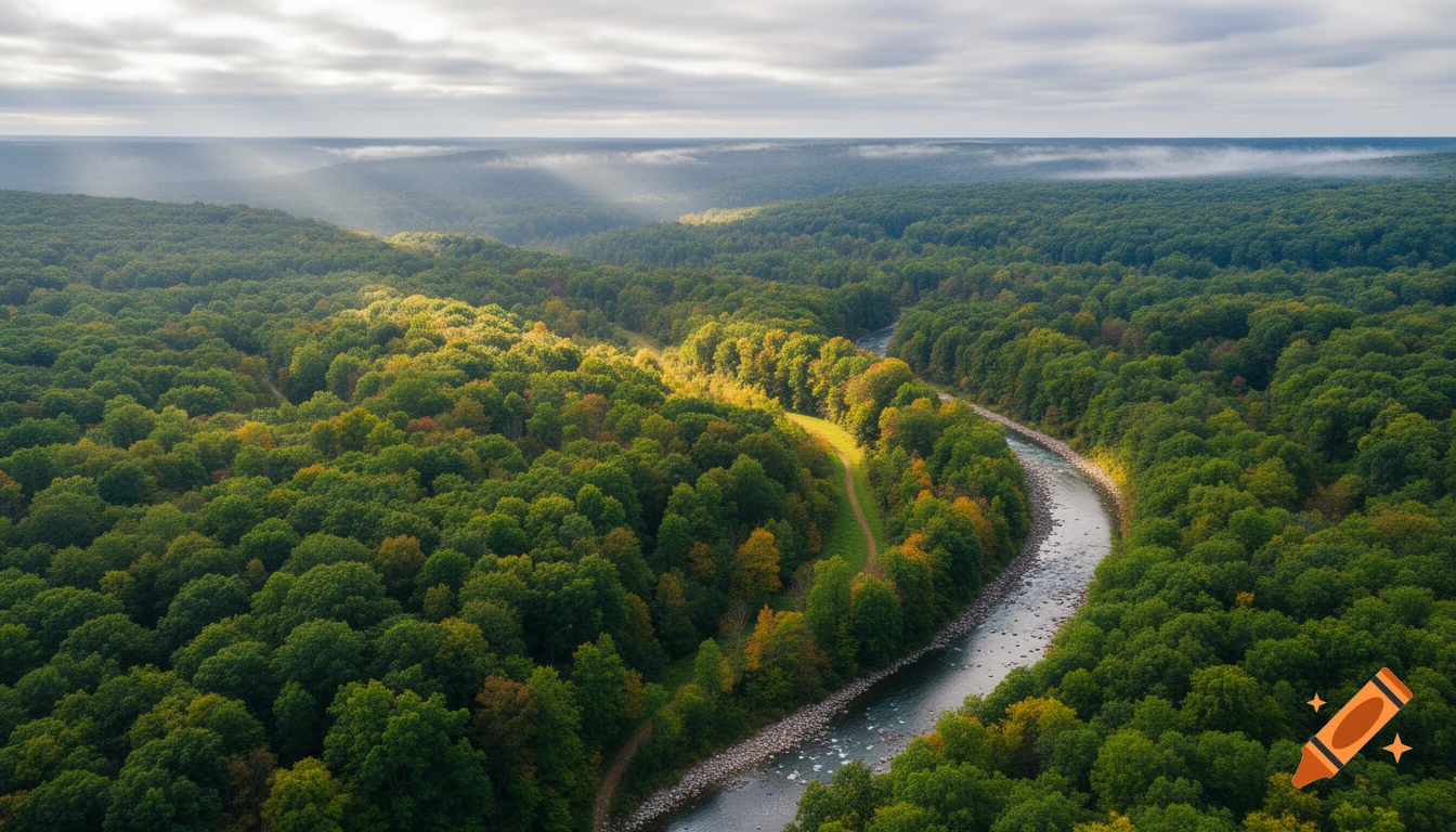 Aerial view of a winding river flowing through a lush green forest with hints of autumn colors under a partly cloudy sky.