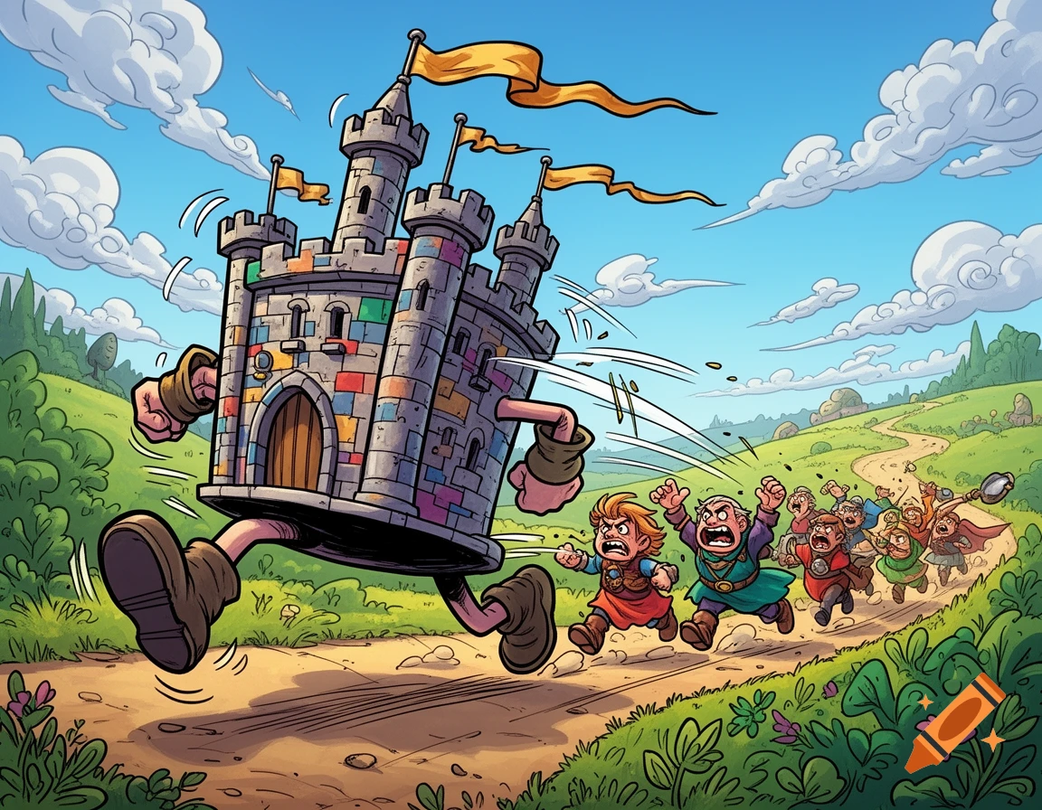 Humorous cartoon of a running anthropomorphic castle with flags, chased by exasperated heroes in a vibrant fantasy landscape.