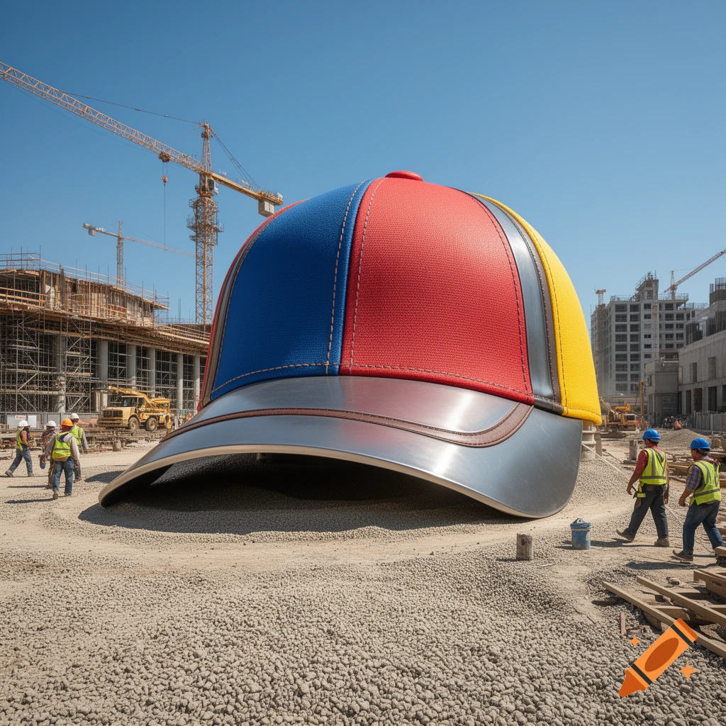 A giant, colorful baseball cap on a construction site with tiny workers and cranes under a clear blue sky, photorealistic.