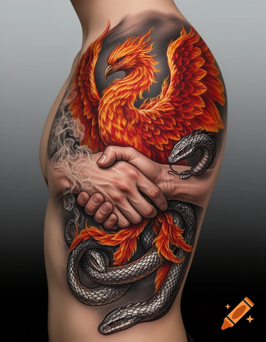 A hyperrealistic tattoo on a person's shoulder and side depicting a fiery orange phoenix, a metallic grey snake, and human hands clasped together.