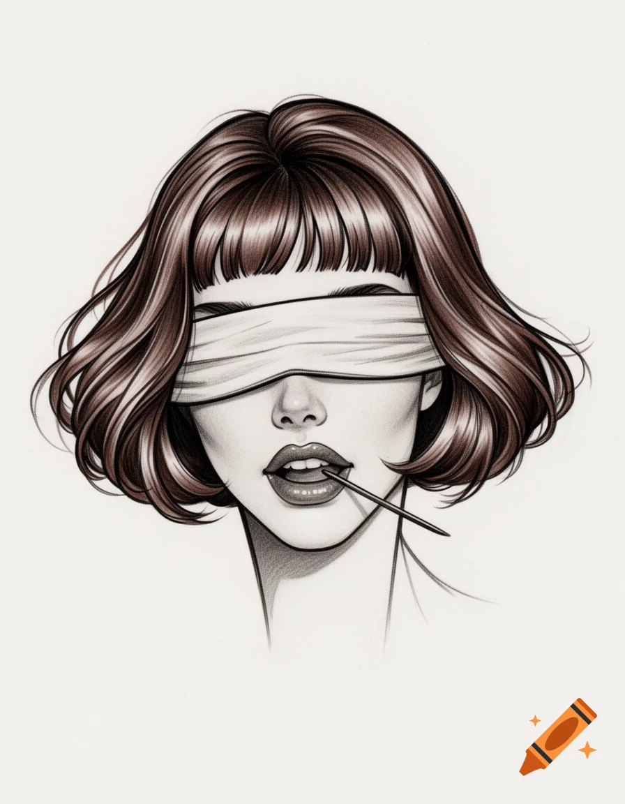 A stylized drawing of a short-haired brunette woman, blindfolded, biting her lower lip with a toothpick.