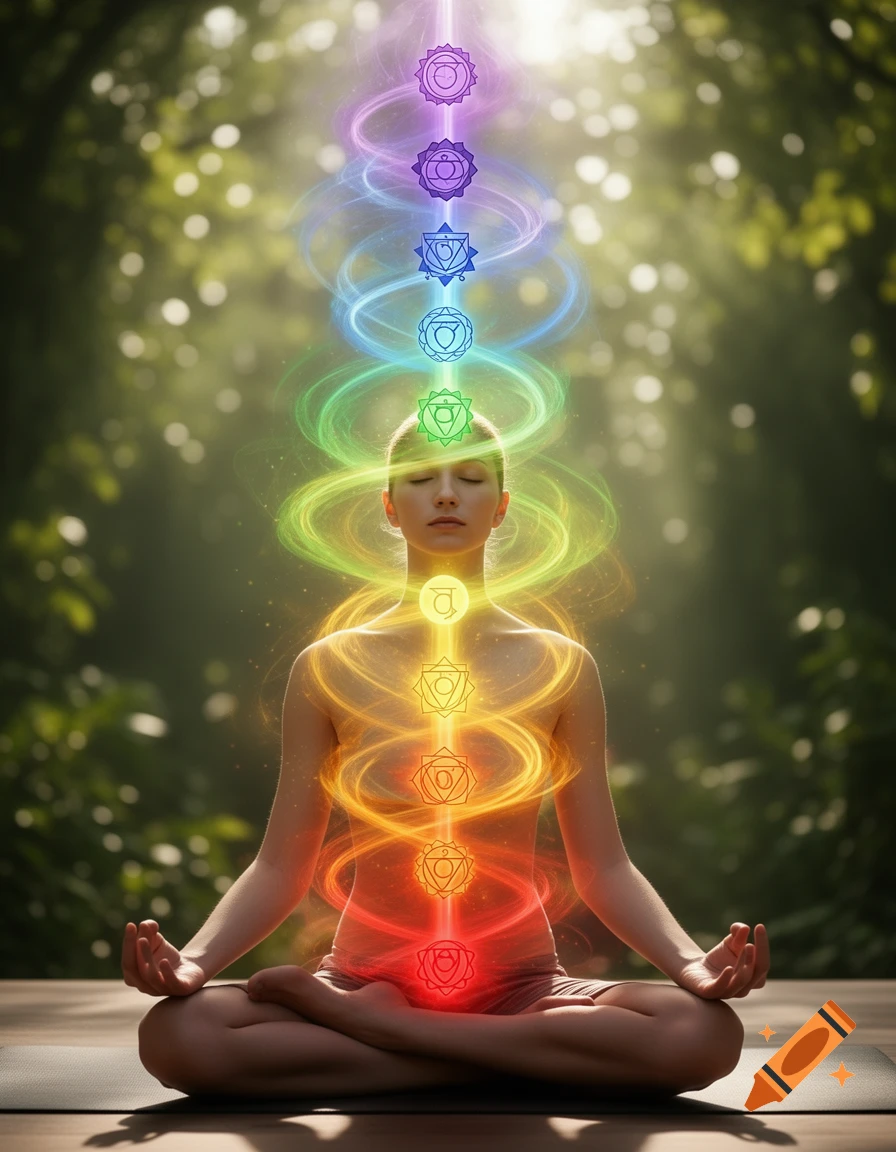 Woman meditating in lotus pose with seven glowing, colorful chakra symbols ascending her body in a lush forest setting.