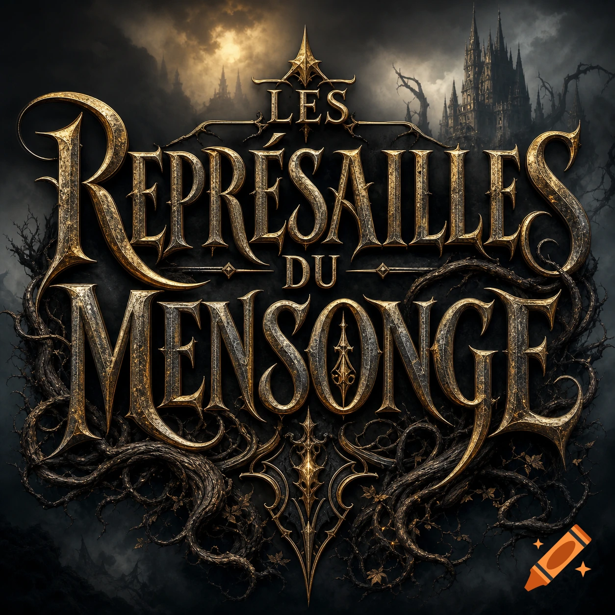 Ornate dark fantasy logo with golden and lead-colored text 'Les Repr R esailles du Mensonge' (The Reprisals of the Lie) over a gothic castle and spooky trees.
