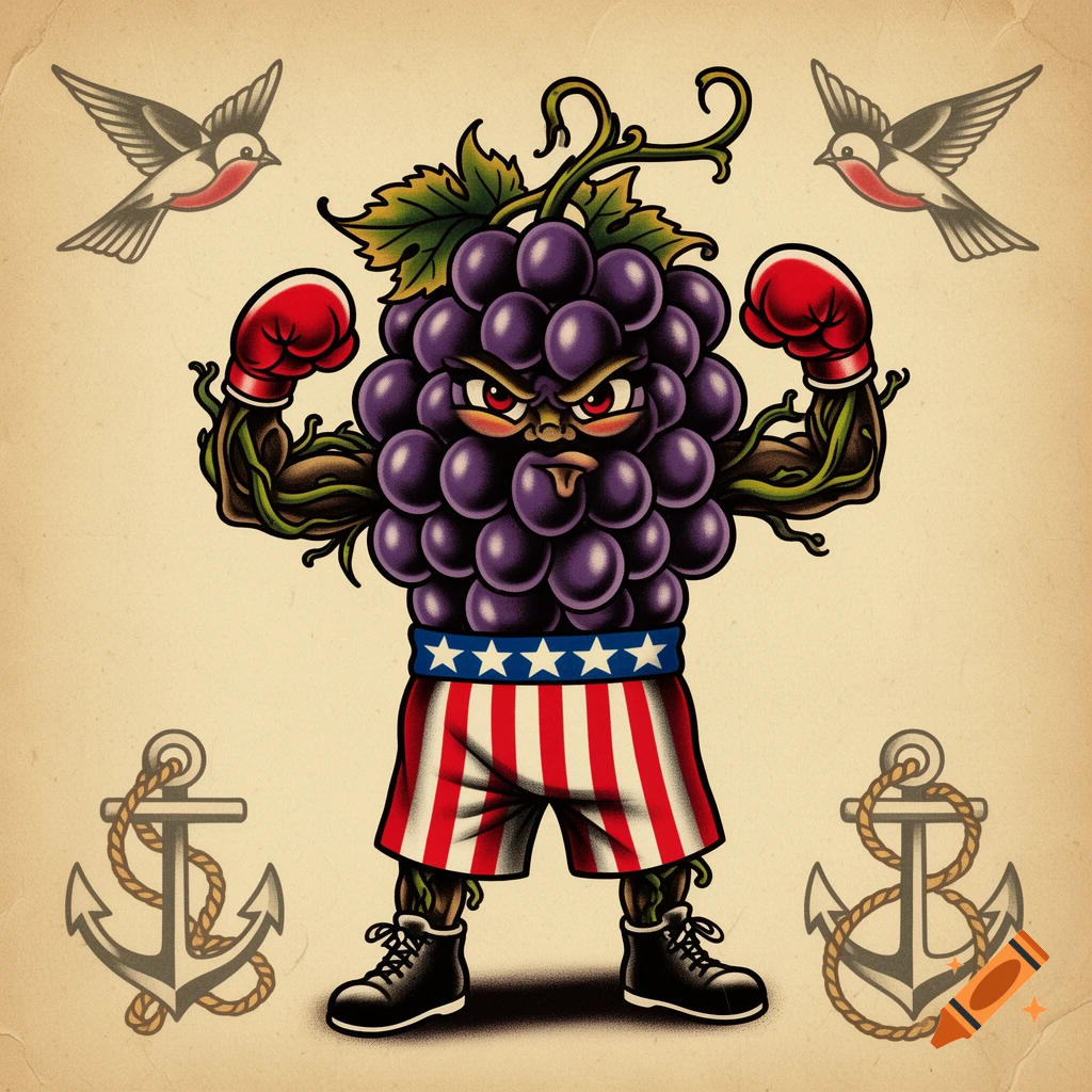 A muscular anthropomorphic grape character wearing red boxing gloves and American flag trunks, in Sailor Jerry tattoo style.