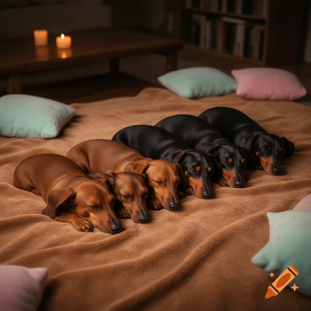 Six dachshunds, three brown and three black, sleep soundly side-by-side on a cozy brown blanket in a softly lit room.