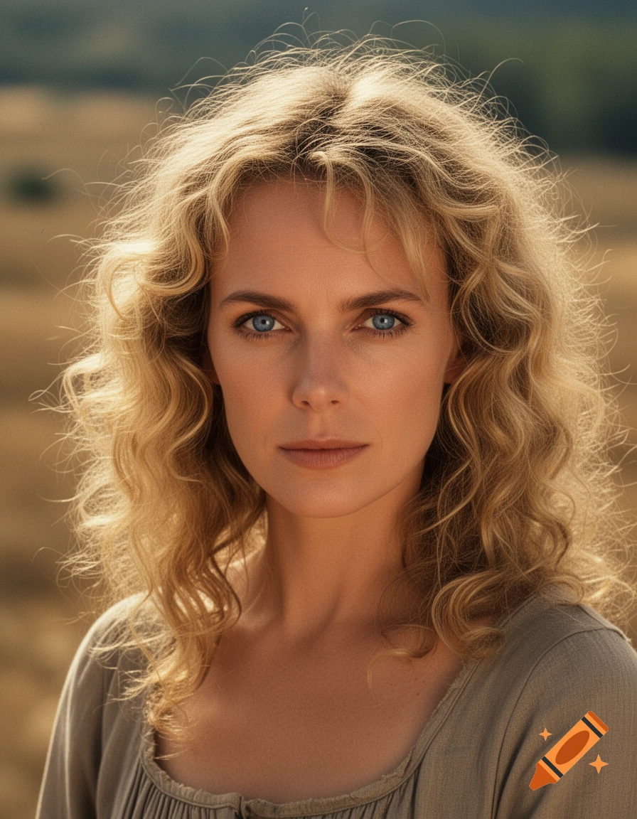 Digital portrait of a woman with curly blonde hair, blue eyes, and a neutral expression, set against a blurred golden field.