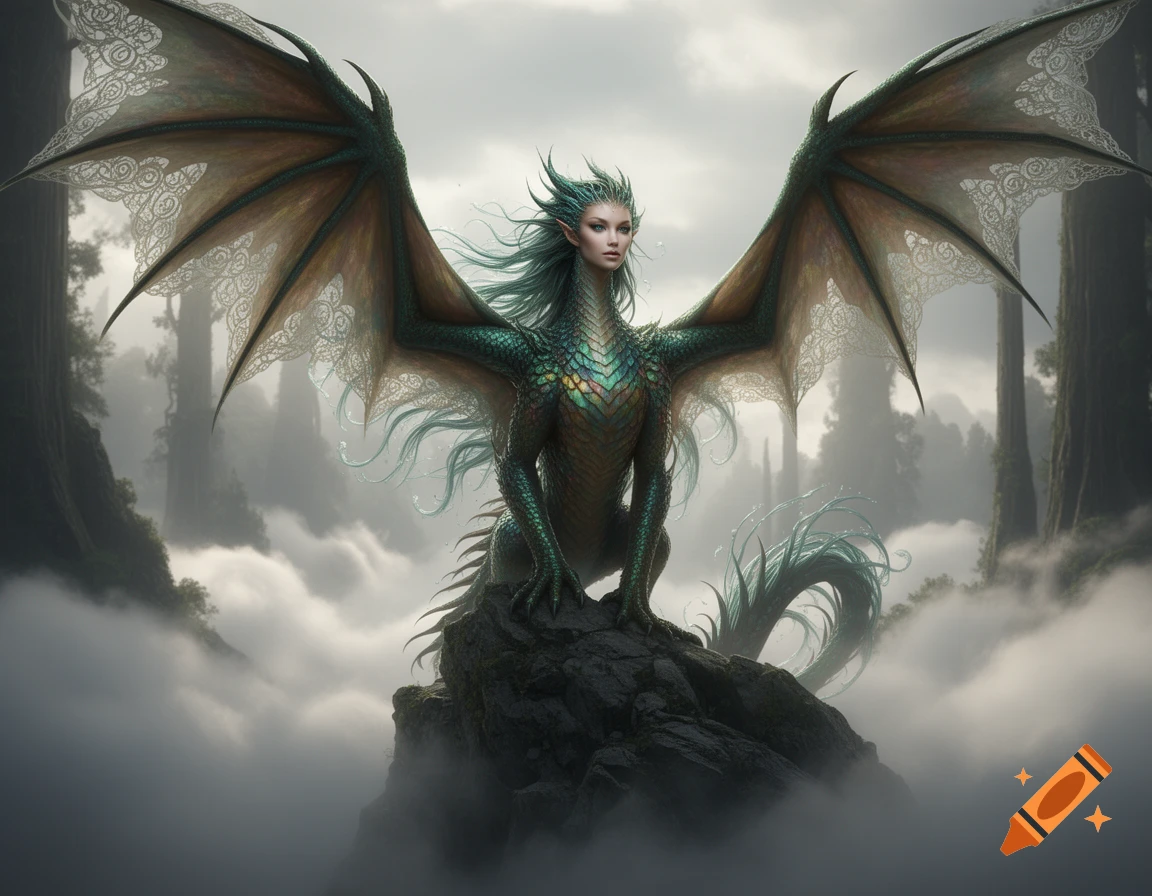A majestic green dragon-woman hybrid with intricate wings perched on a rocky peak amidst misty mountains and tall trees.