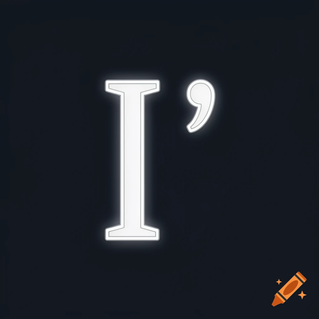 A glowing white capital letter I next to a glowing white apostrophe on a dark background.