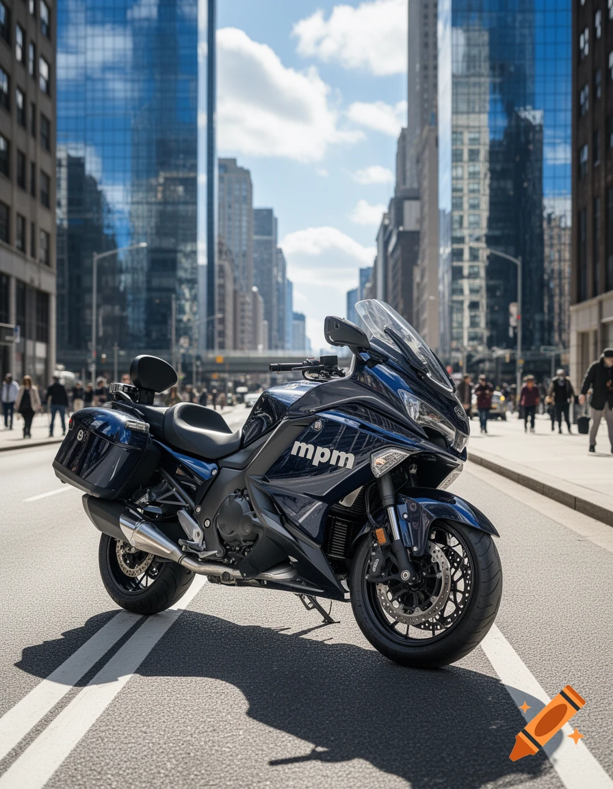 A dark blue touring motorcycle with "mpm" text on its side is parked on a city street, with tall glass buildings under a sunny sky.