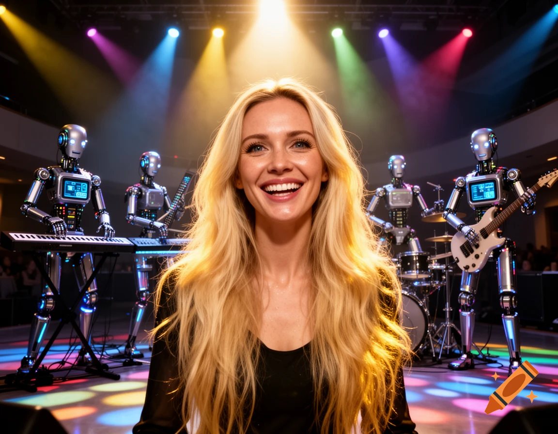 Smiling blonde woman with long hair on stage with a band of metallic robots playing instruments under colorful spotlights.