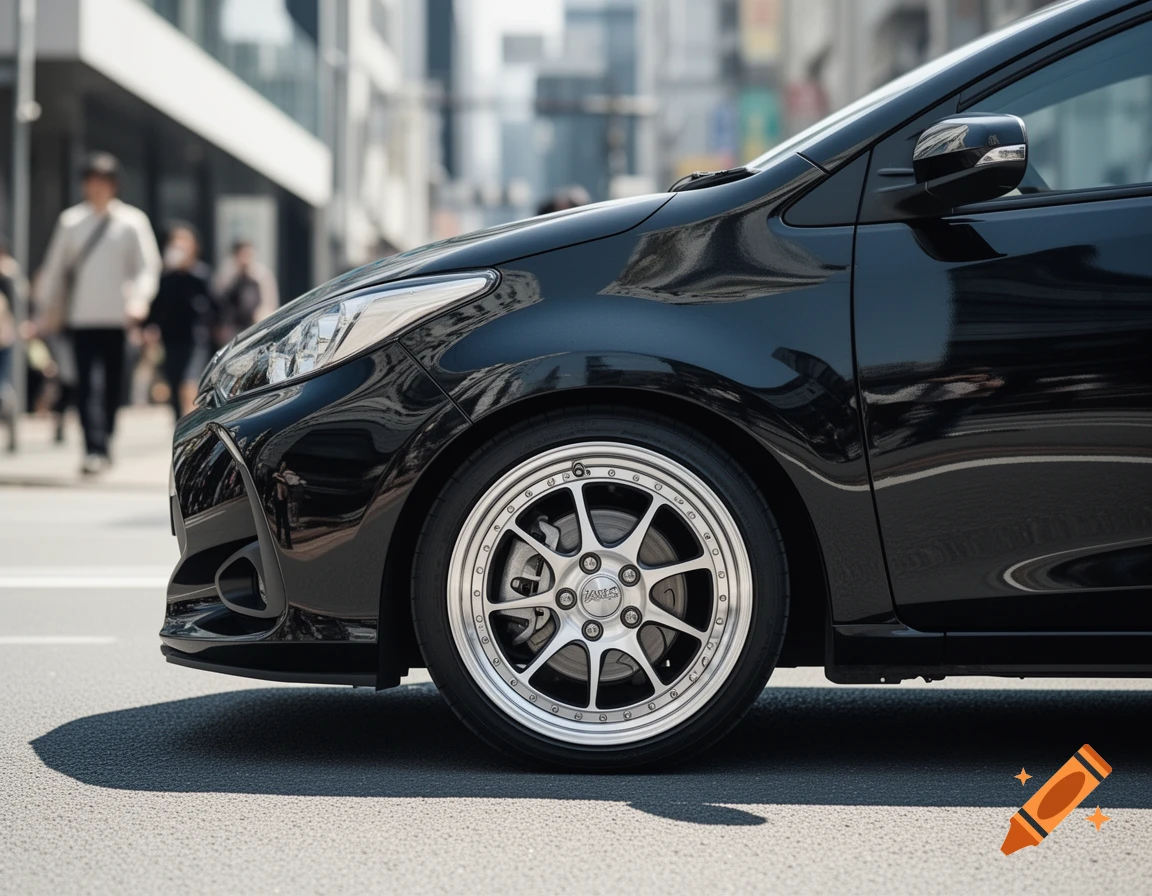 Front view of a black car with custom silver multi-spoke wheels parked on an asphalt street, blurred city background.