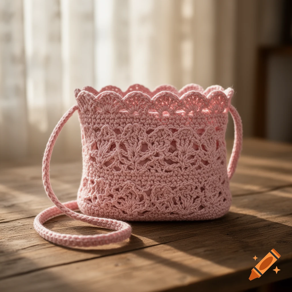 A close-up of a pink crochet bag with a scalloped edge and a long strap, resting on a sunlit wooden table.