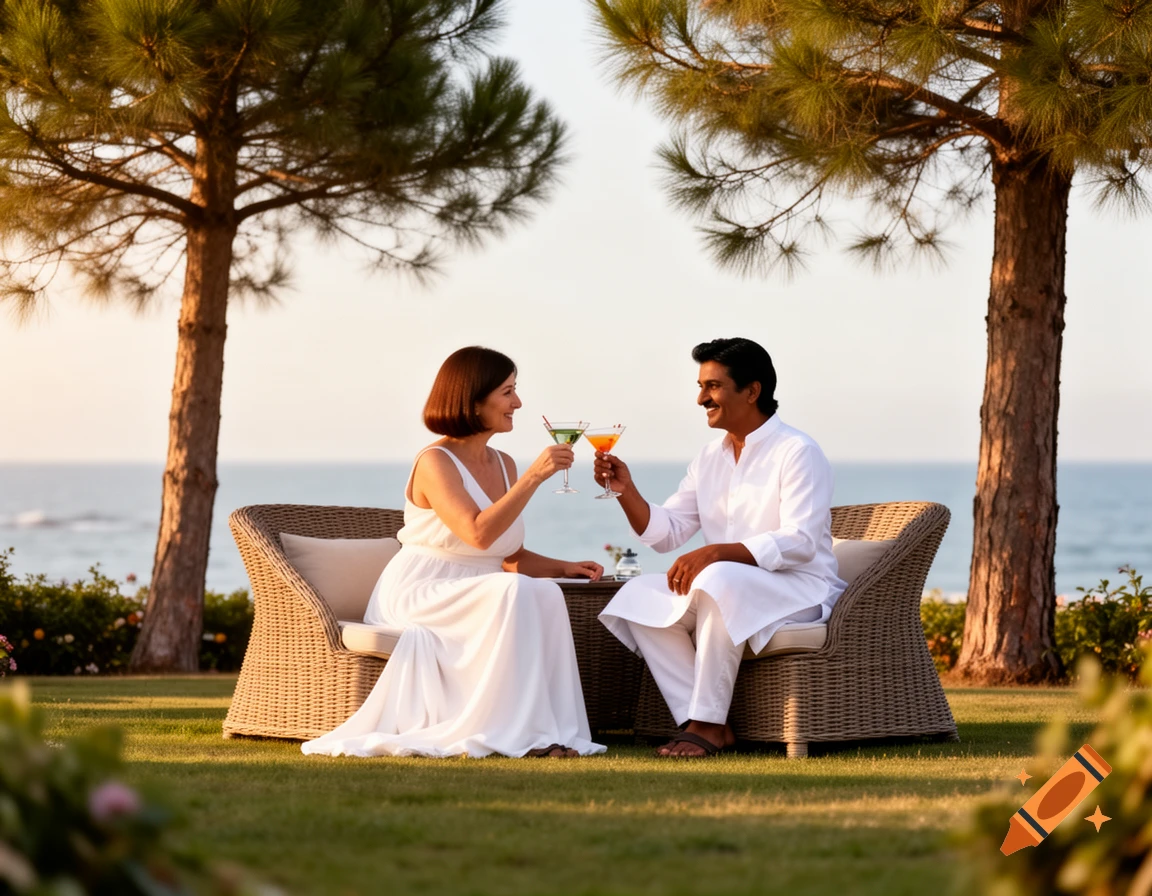 A couple in white toasts with cocktails in a wicker lounge chair in a beachfront garden with pine trees at sunset.