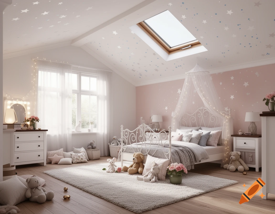 A bright and cozy child's bedroom with a white iron bed, soft pink walls with star decals, a large rug, and stuffed animals.