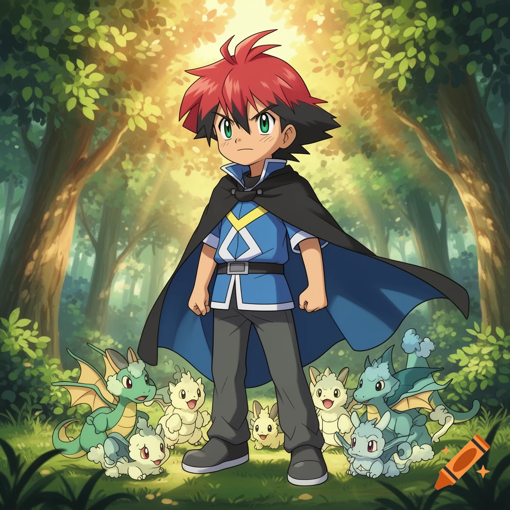 Anime art of a young Lance from Pok oramon in a cape, standing in a sunlit forest with various small Pok oramon creatures.