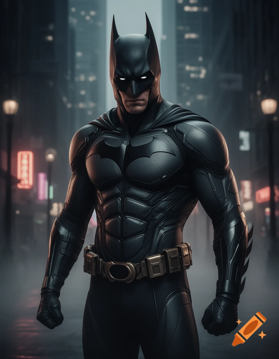 A muscular Batman stands in a dark, moody city street, wearing his black armored suit with glowing white eyes.