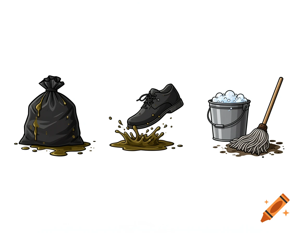A three-panel vector illustration showing a leaking garbage bag, a shoe stepping in mud, and a cleaning bucket with a mop.