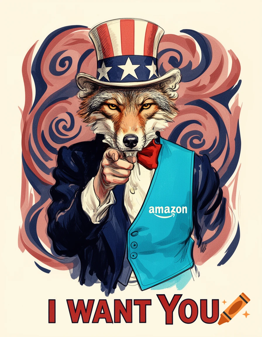A stylized illustration of a coyote dressed as Uncle Sam, wearing an Amazon vest, pointing forward with the text "I WANT YOU".
