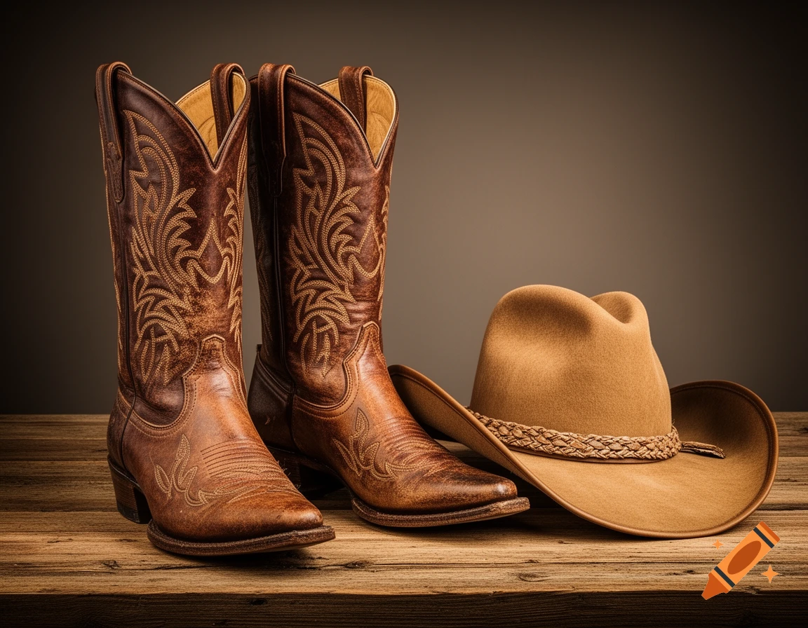 Photorealistic still life of a pair of brown leather cowboy boots with intricate stitching next to a light brown cowboy hat on a wooden table.