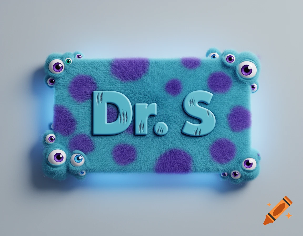 A fluffy blue nameplate with purple spots, many monster eyes around the border, and the light blue text 'Dr. S' with scratch marks in the center, 3D render.