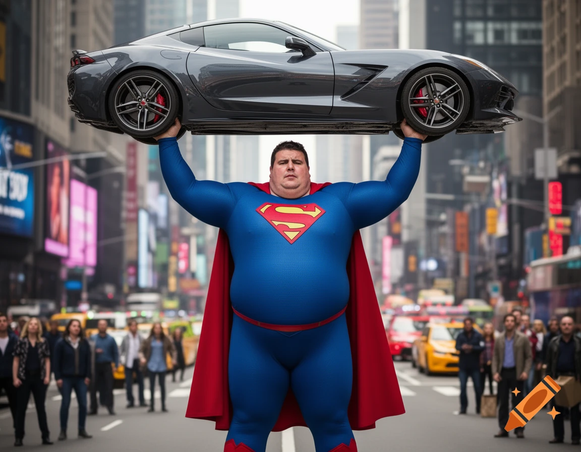 A heavily built man in a blue Superman suit with a red cape lifts a gray sports car above his head in a busy city street, photorealistic style.
