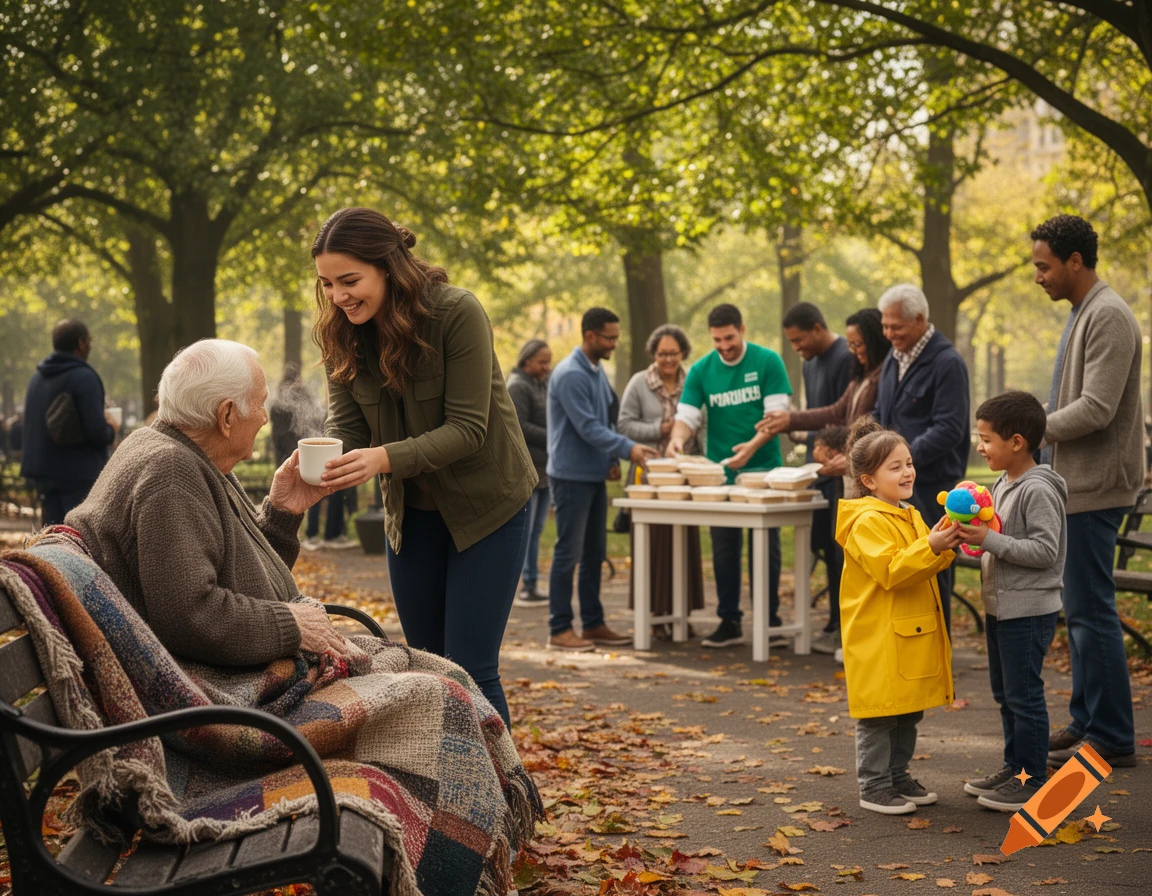 A diverse group of people performing acts of charity in a park, including giving food, drinks, and toys.