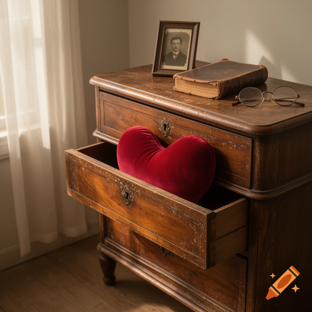 A red velvet heart pillow rests in an open drawer of an antique wooden chest, topped with an old framed photo, a book, and glasses, beside a window.