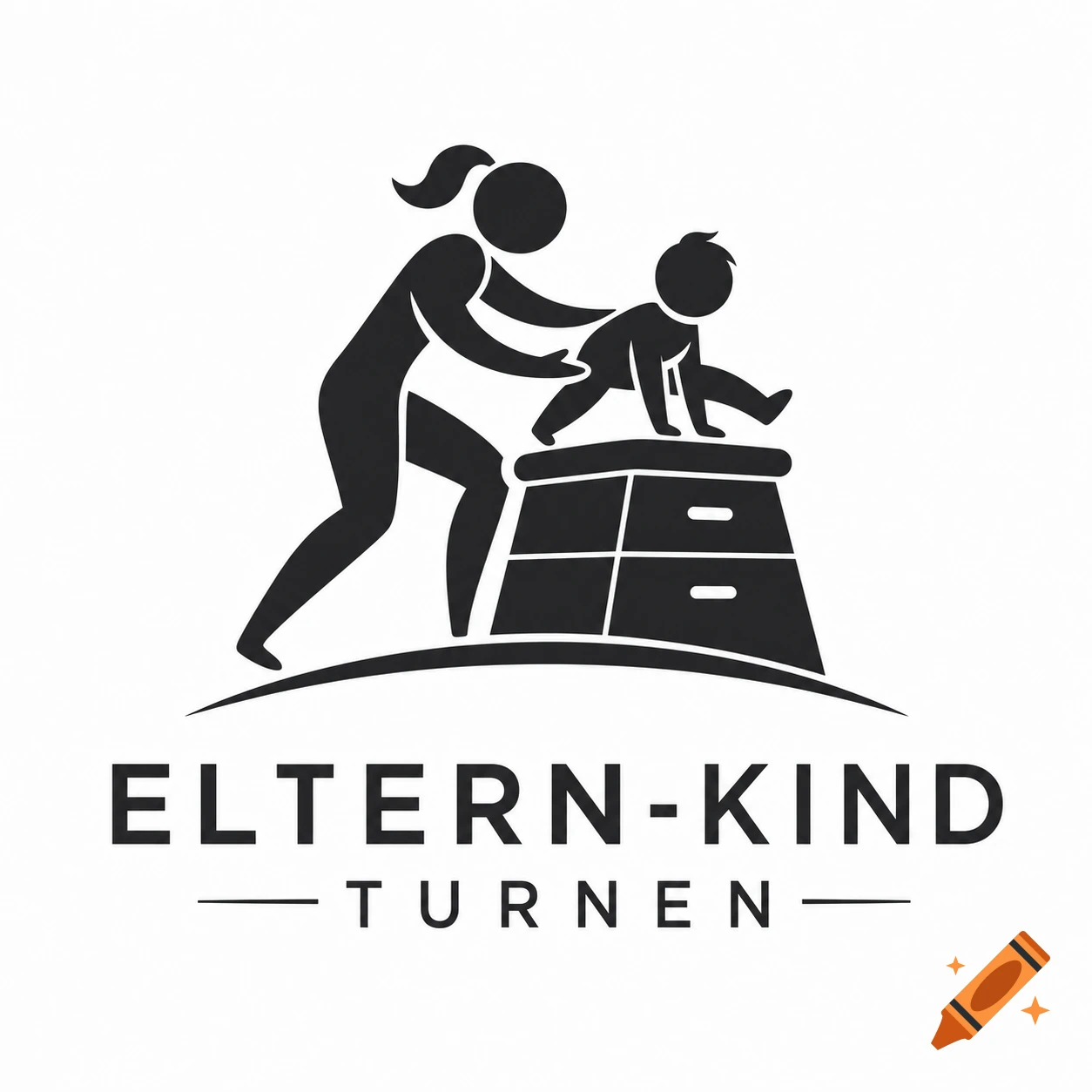 Black and white logo of a woman helping a child climb over a gymnastics box, with 'ELTERN-KIND TURNEN' text below.