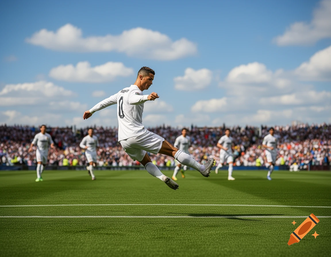 Cristiano Ronaldo in a white jersey kicks a soccer ball mid-air on a green field during a sunny match.
