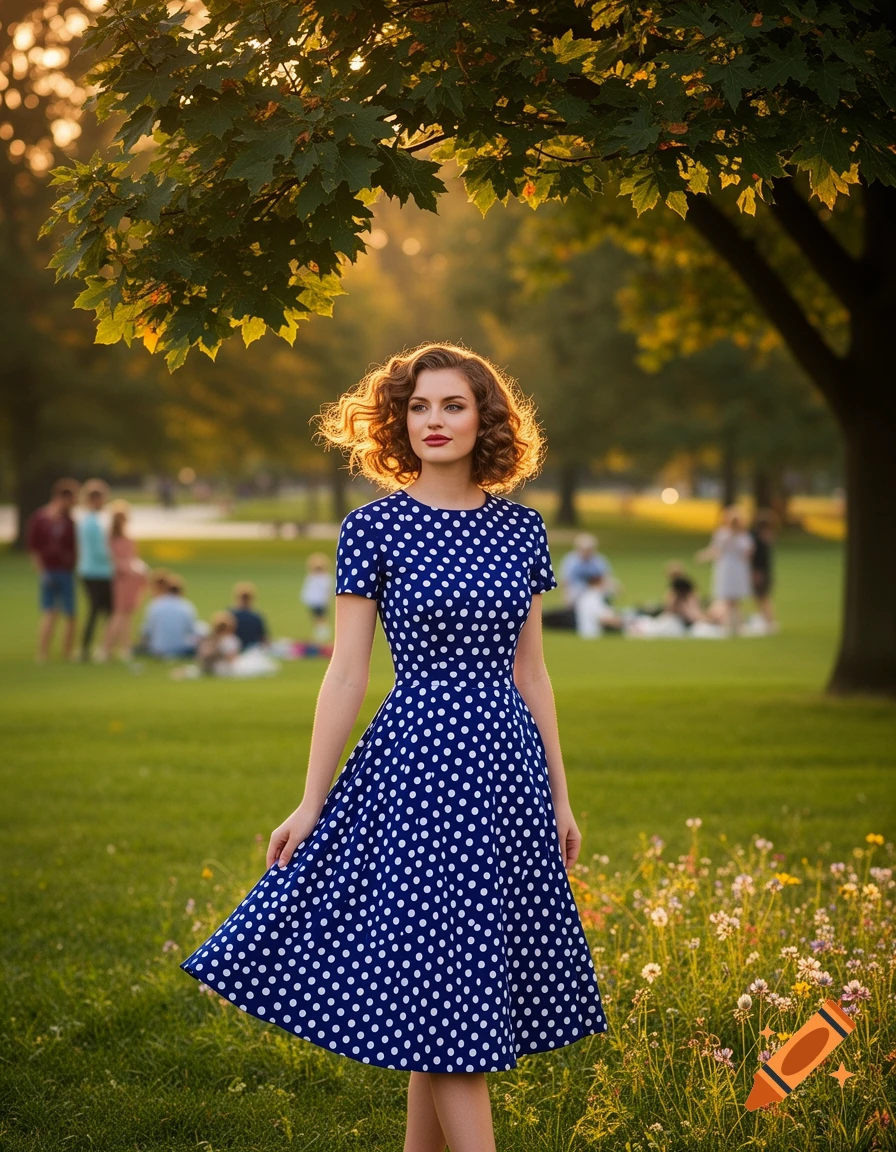A woman in a blue polka dot dress stands in a sunny park with blurred people in the background, bathed in golden hour light.