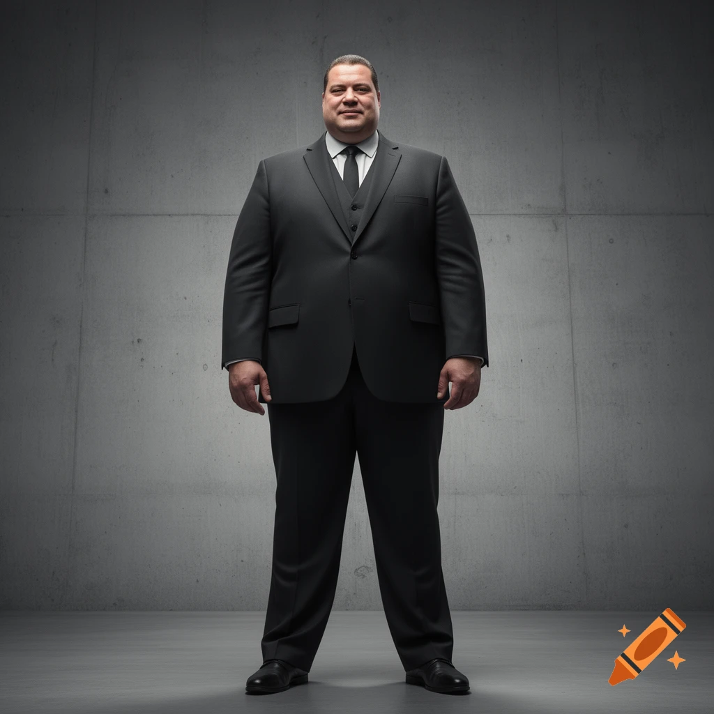 A large, tall man in a dark suit stands formally against a grey concrete wall, lit from above.