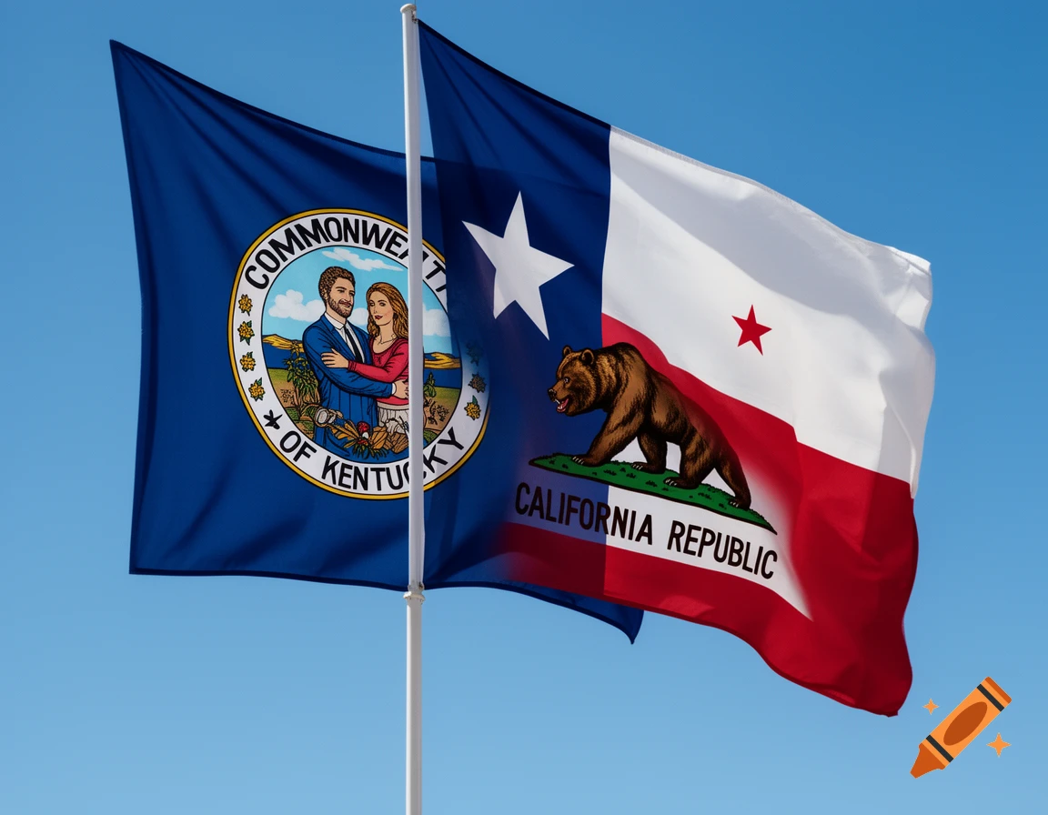 Photorealistic image of two combined flags against a blue sky: the Kentucky state flag on the left, and a hybrid Texas-California flag on the right.