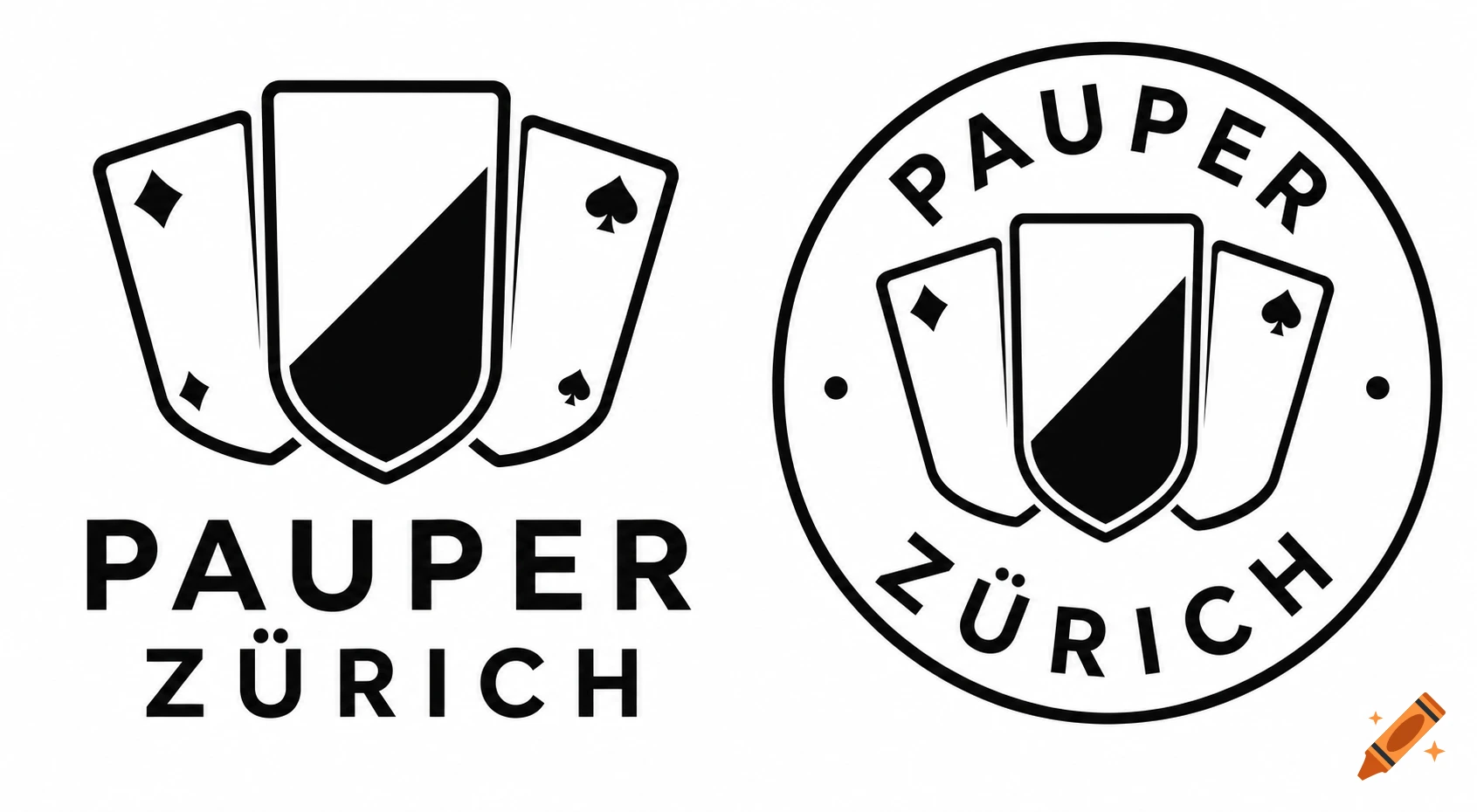 Two black and white logos for 'Pauper Zürich'. Both feature fanned playing cards, one forming a shield. Text 'PAUPER ZÜRICH' is present.