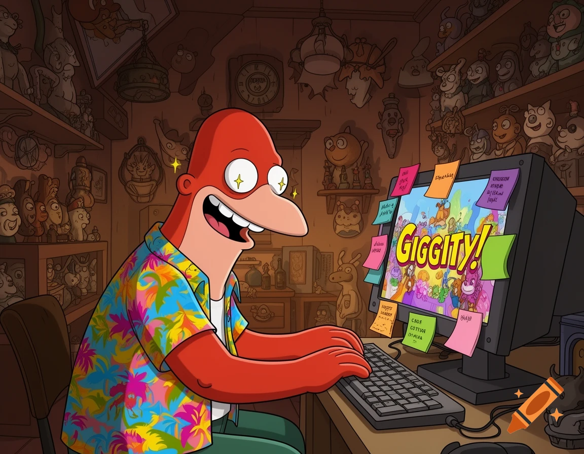 An excited Glenn Quagmire from Family Guy, wearing a colorful Hawaiian shirt, typing on a computer with "Giggity!" on the screen and sticky notes around it, in a cluttered room filled with cartoon figurines.