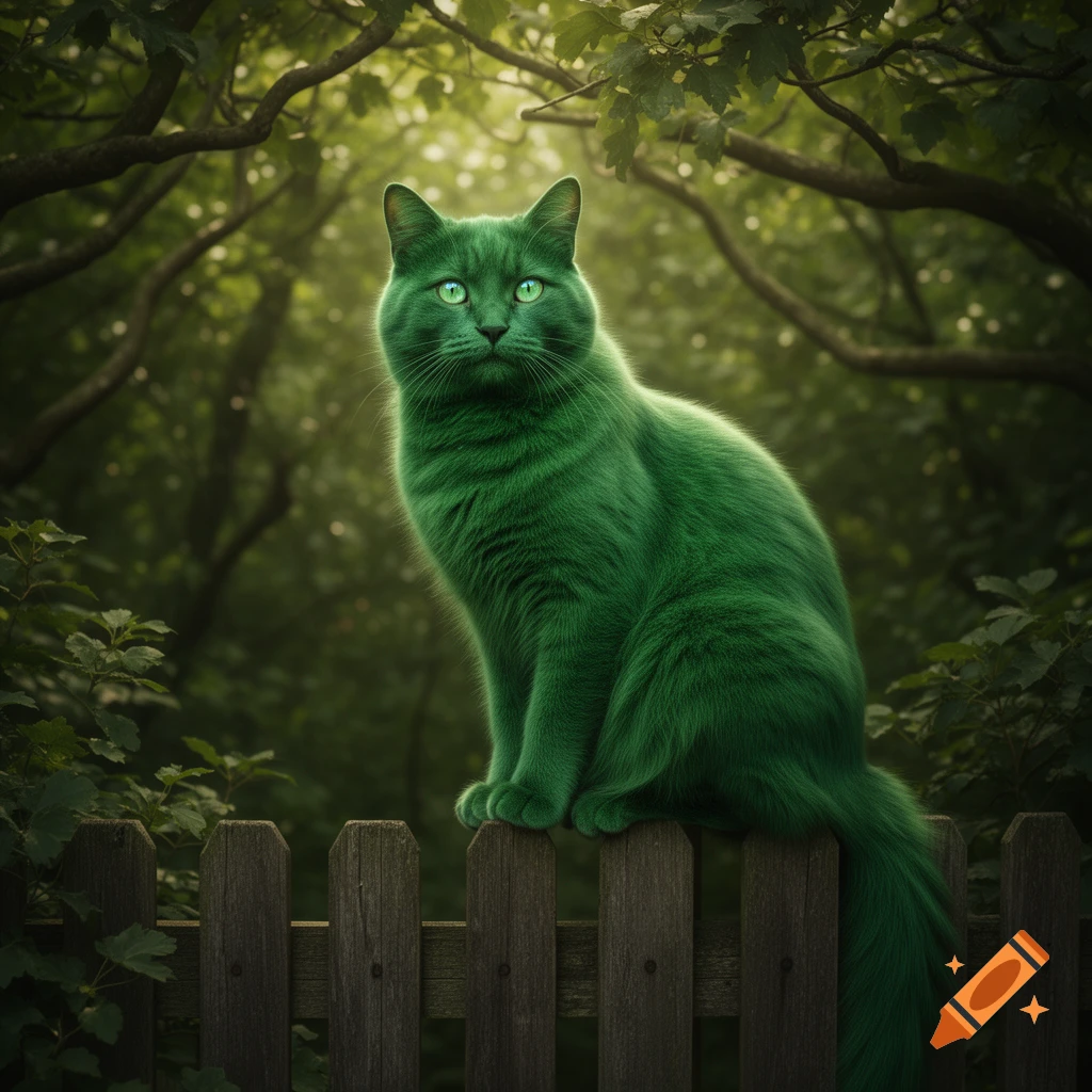 A vibrant green cat with glowing green eyes sits on a wooden fence in a lush, sun-dappled green forest.