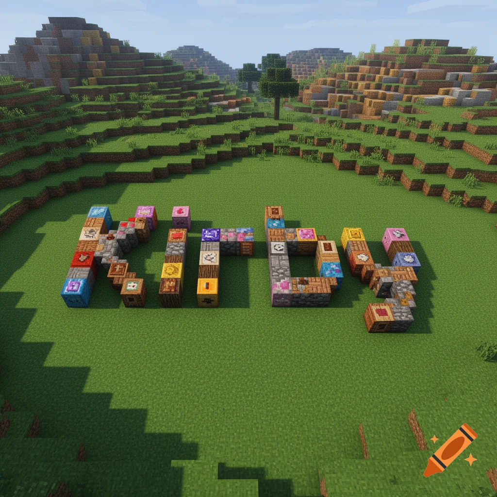 The word 'Kirby' spelled out with colorful blocks in a grassy Minecraft-like landscape with hills.