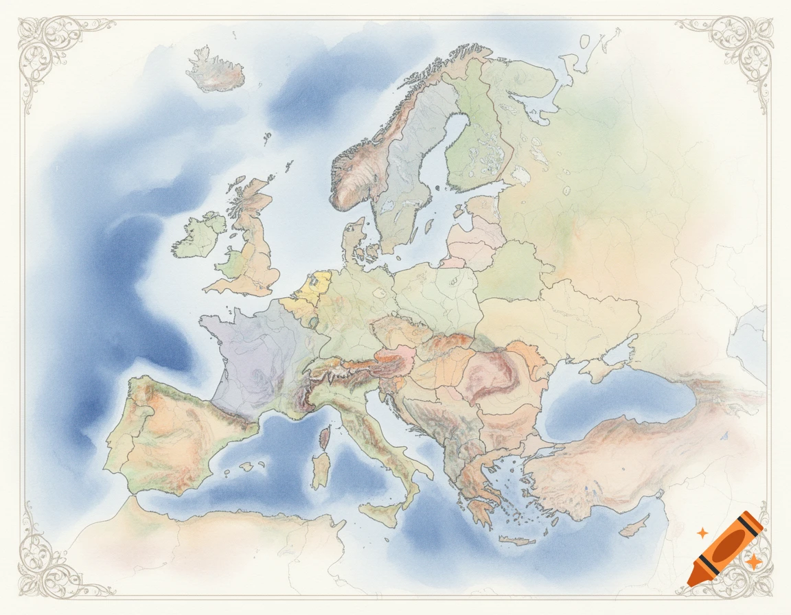 A watercolor map of Europe with country borders and land features in soft, earthy tones, surrounded by decorative corners.