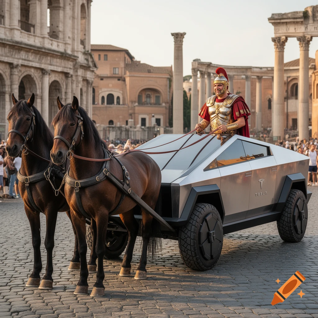 A Roman centurion in a Cybertruck-style chariot pulled by two horses on a cobblestone street, with the Colosseum in the background.