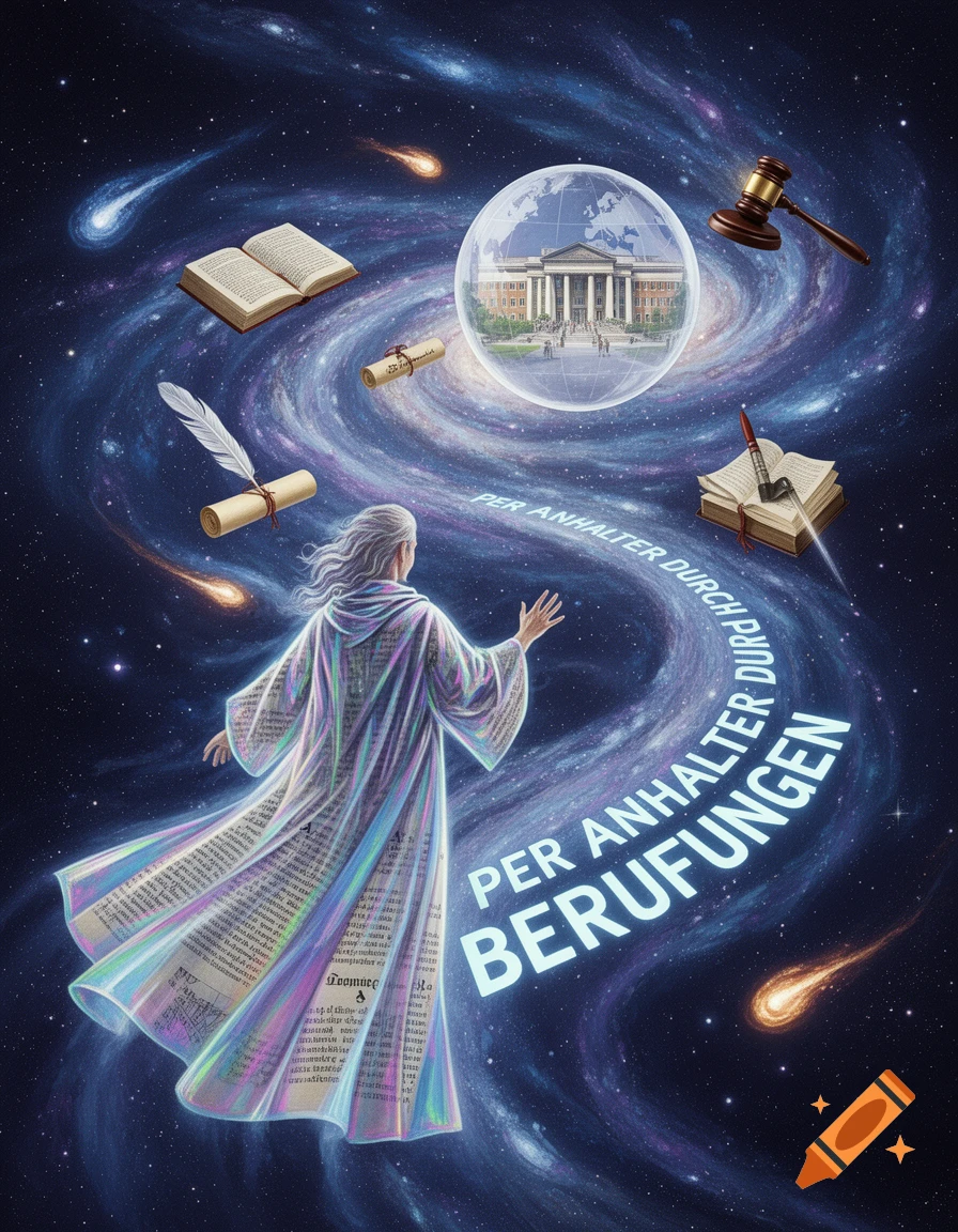 A robed figure with a flowing garment made of text stands in a galaxy, surrounded by floating objects like a globe with a building, books, scrolls, and a gavel. Glowing text spirals through space.