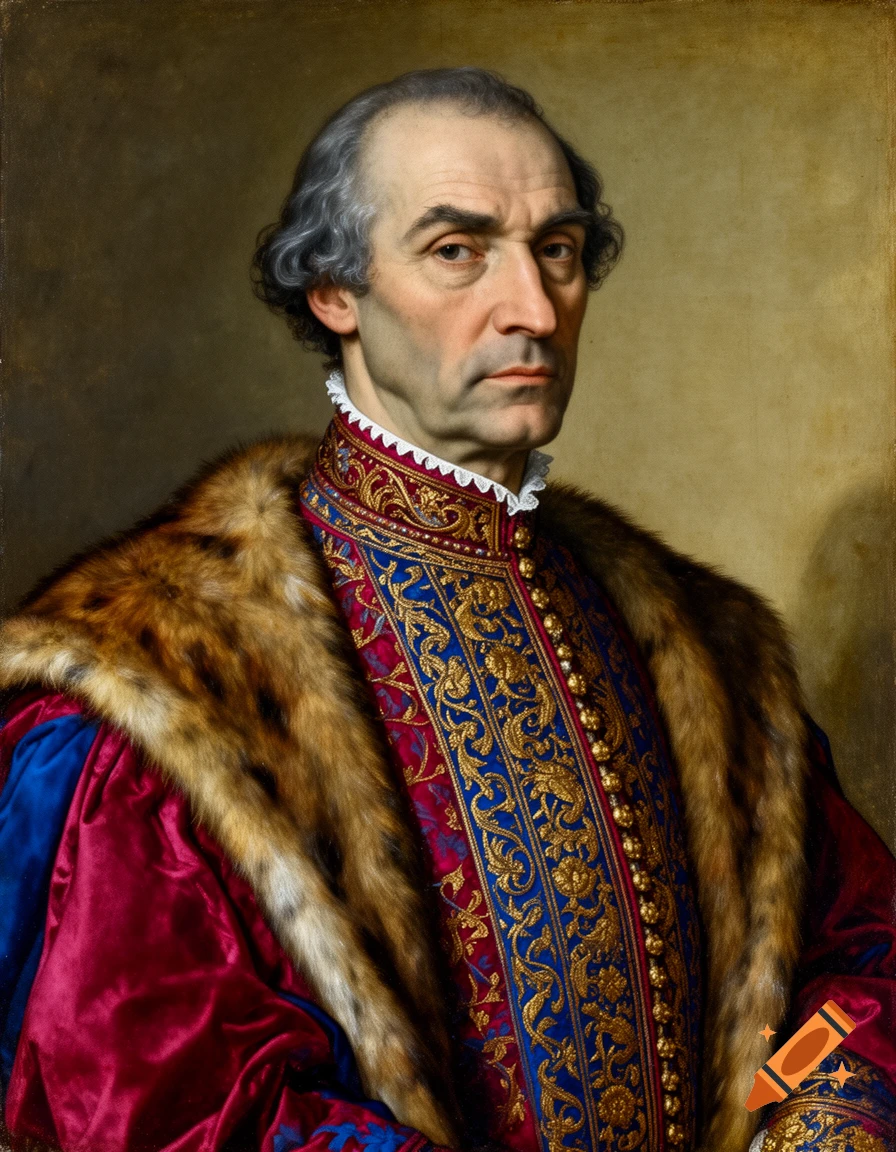 A Renaissance-style portrait of a man with gray hair and strong features, wearing a richly embroidered, colorful outfit and a fur cloak.
