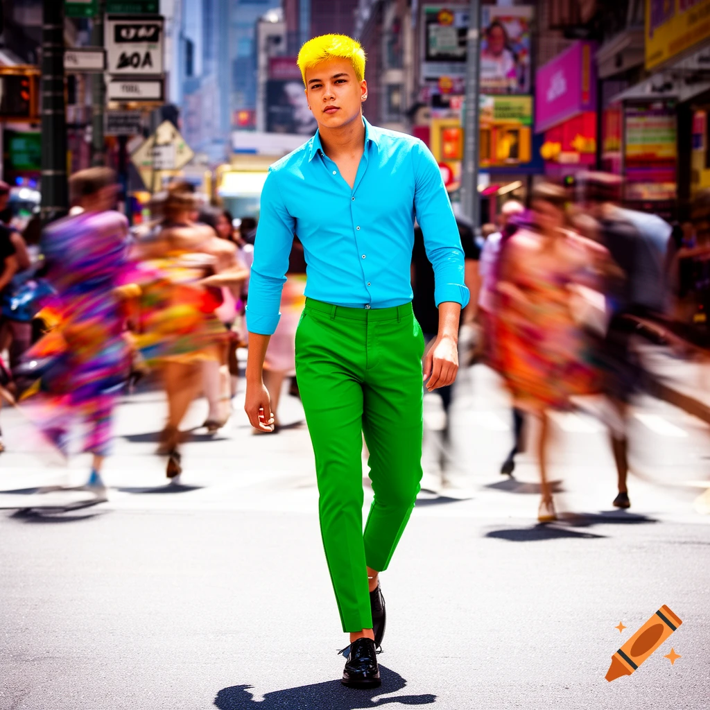 A man with yellow hair, wearing a cyan shirt, green pants, and black shoes, walks down a city street with motion-blurred pedestrians in the background.