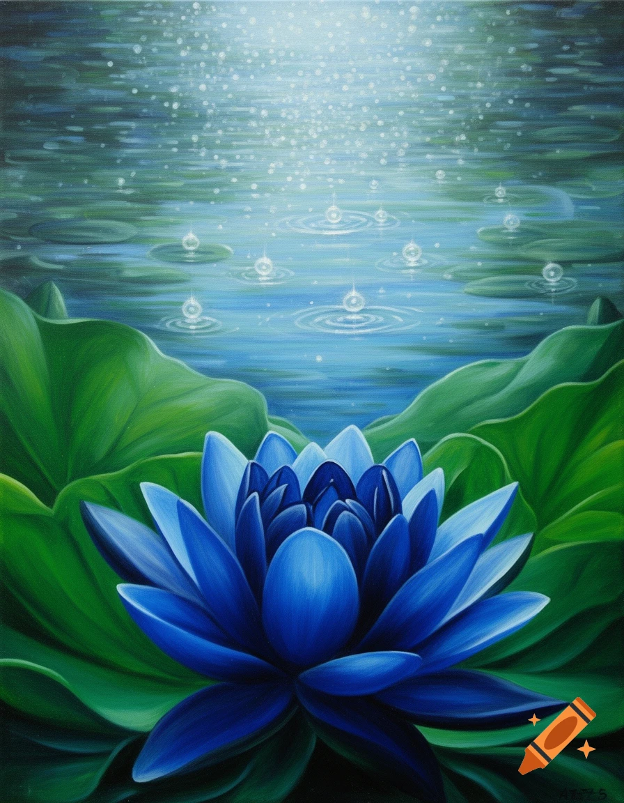 A vibrant blue lotus flower with green leaves sits in sparkling water, depicted as an oil painting.
