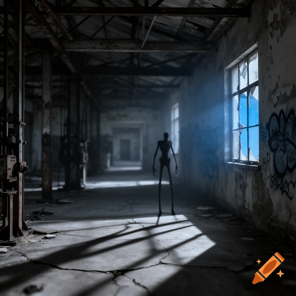 A tall, slender, dark humanoid figure stands in a foggy, dilapidated industrial hallway with long shadows and a broken window.