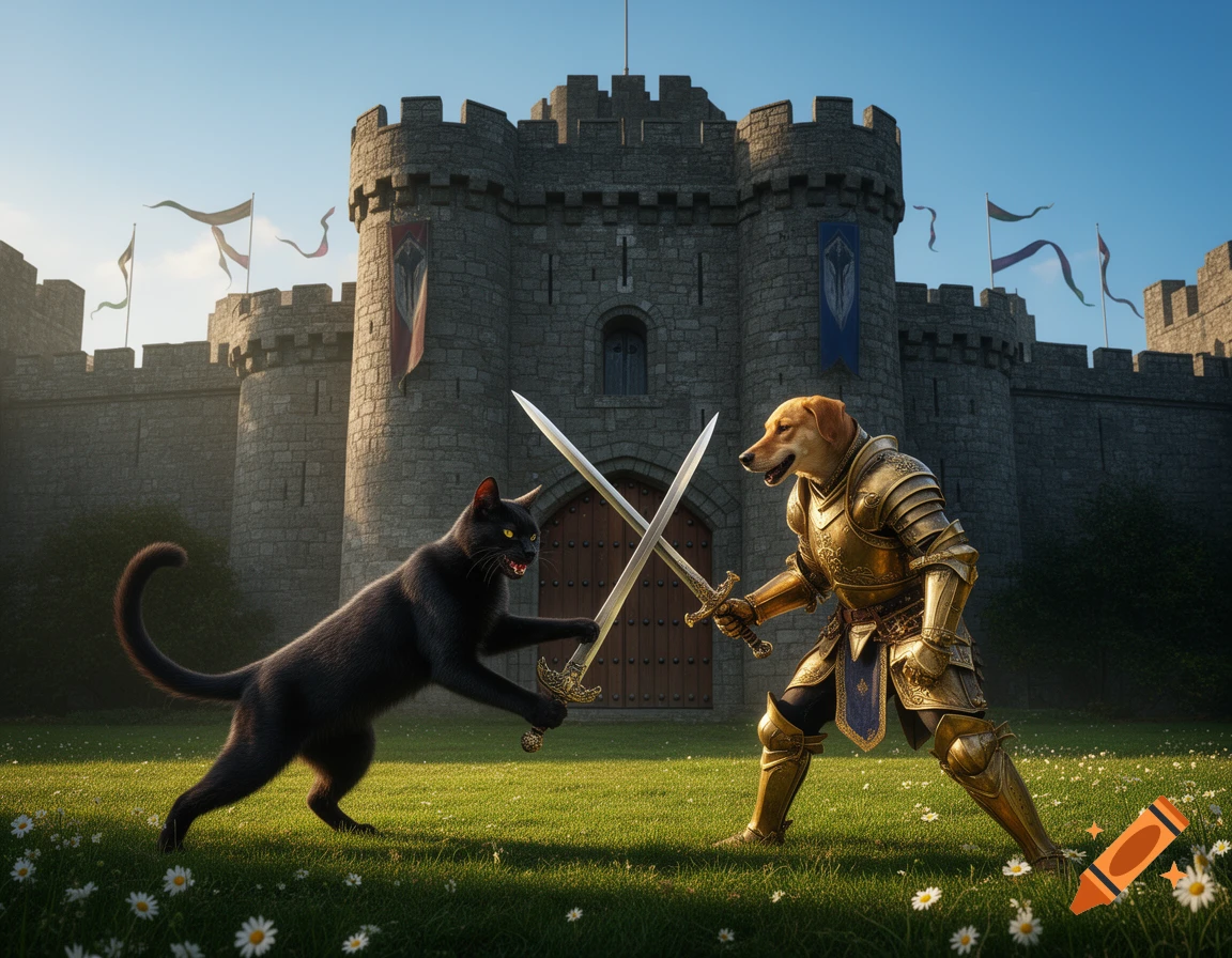 A black cat and a dog in golden armor sword fight on a grassy field before a medieval castle.