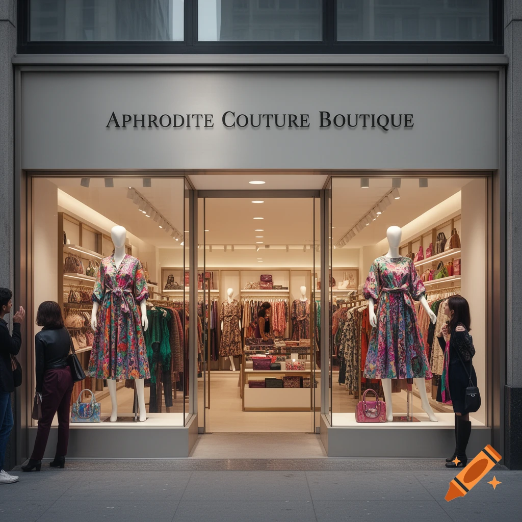 Photorealistic image of the Aphrodite Couture Boutique storefront with a detailed display of clothing and accessories. Two people stand outside looking in.