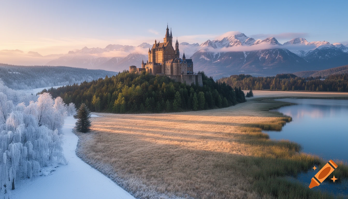 A majestic castle atop a forested hill, flanked by a snow-covered path, a golden field, and a tranquil lake, with mountains under a soft sunrise.