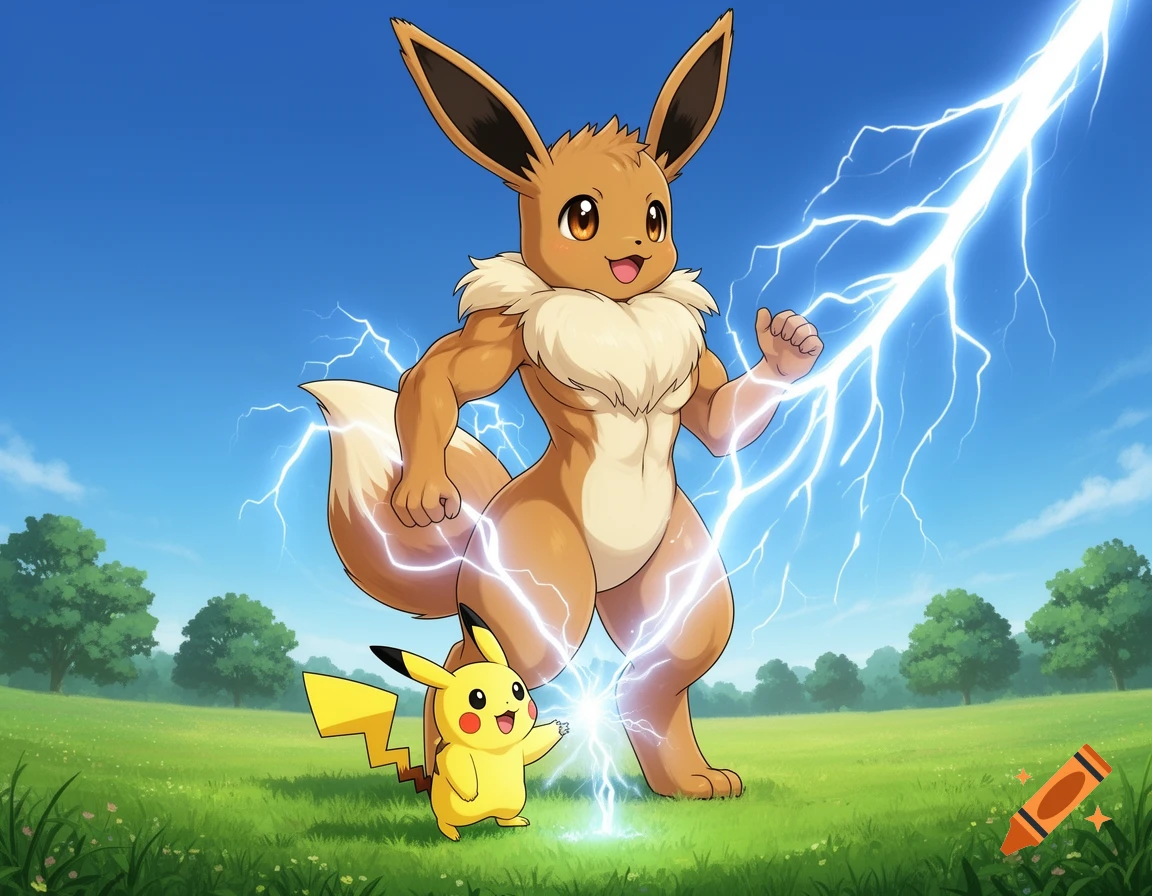 Muscular anime Eevee and small Pikachu practice thunderbolt in a sunny green field.