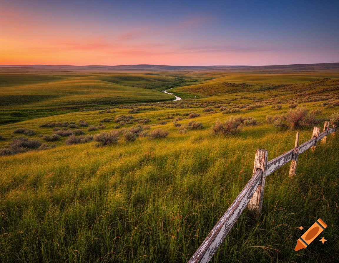 A rustic landscape with rolling green grasslands and a winding stream under a vibrant sunset sky, with an old wooden fence in the foreground.