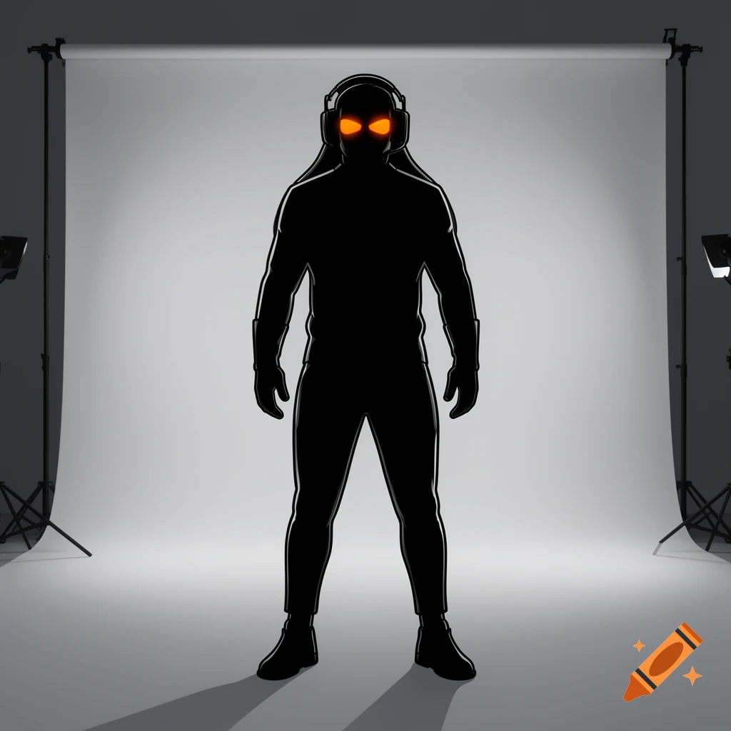A dark silhouette of an esports gamer wearing headphones with bright glowing orange eyes, standing in a minimalist studio.
