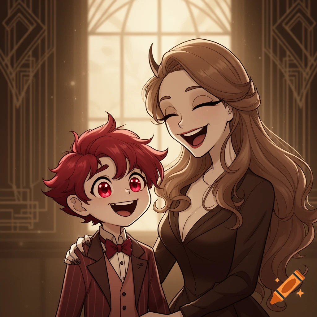 Anime drawing of a happy woman with brown hair and a child with red hair and red eyes, smiling together in an Art Deco-style room.